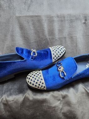 Mens Blue Velvet Slip-On Loafers with  Toe  Crystal and  Silver Embellishments